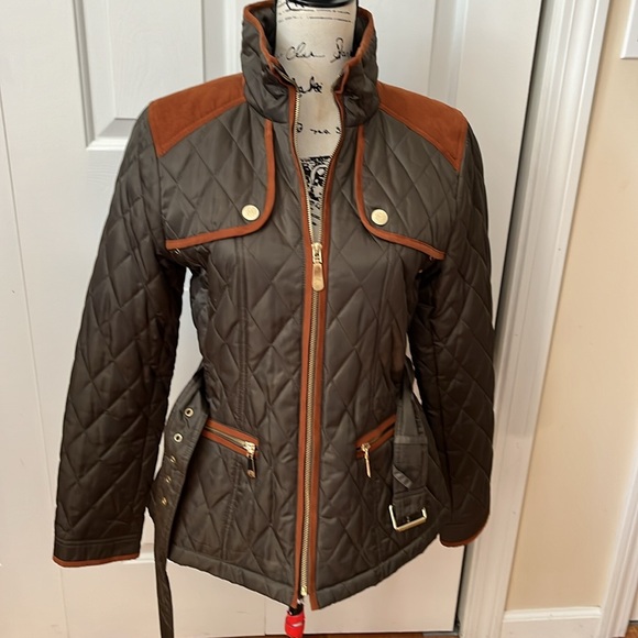 Vince Camuto quilted belted field jacket green tan sz medium - Picture 11 of 14